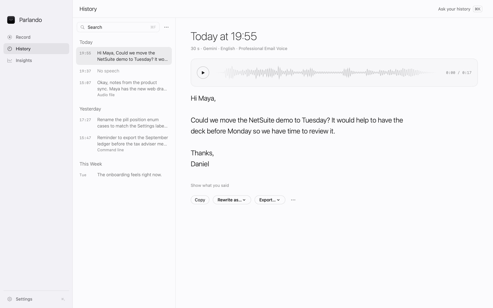 History: a list of today's and yesterday's dictations on the left, the selected email with its audio waveform on the right.