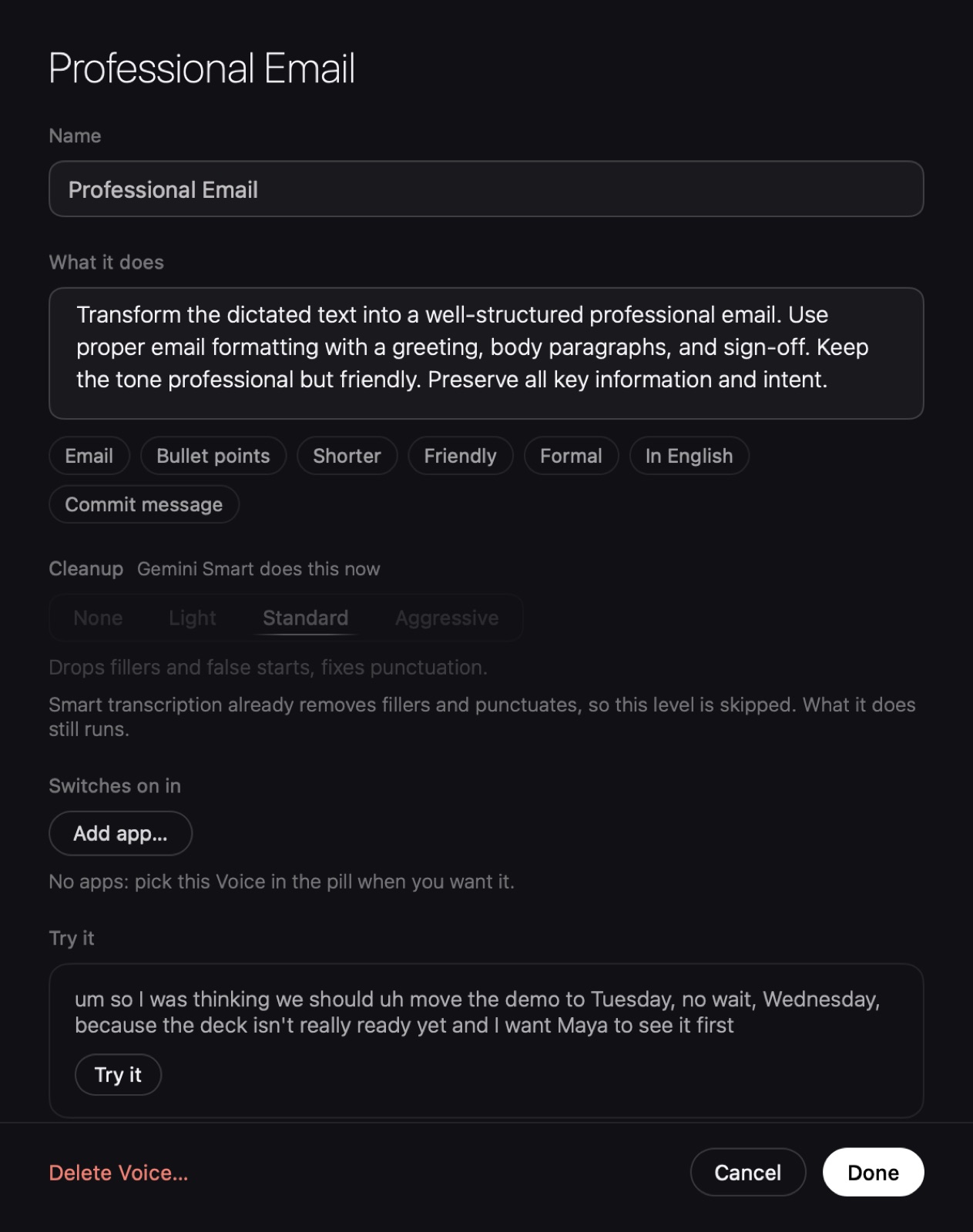 The Voice editor for Professional Email: what it does, cleanup level, the apps it switches on in, and Try it.