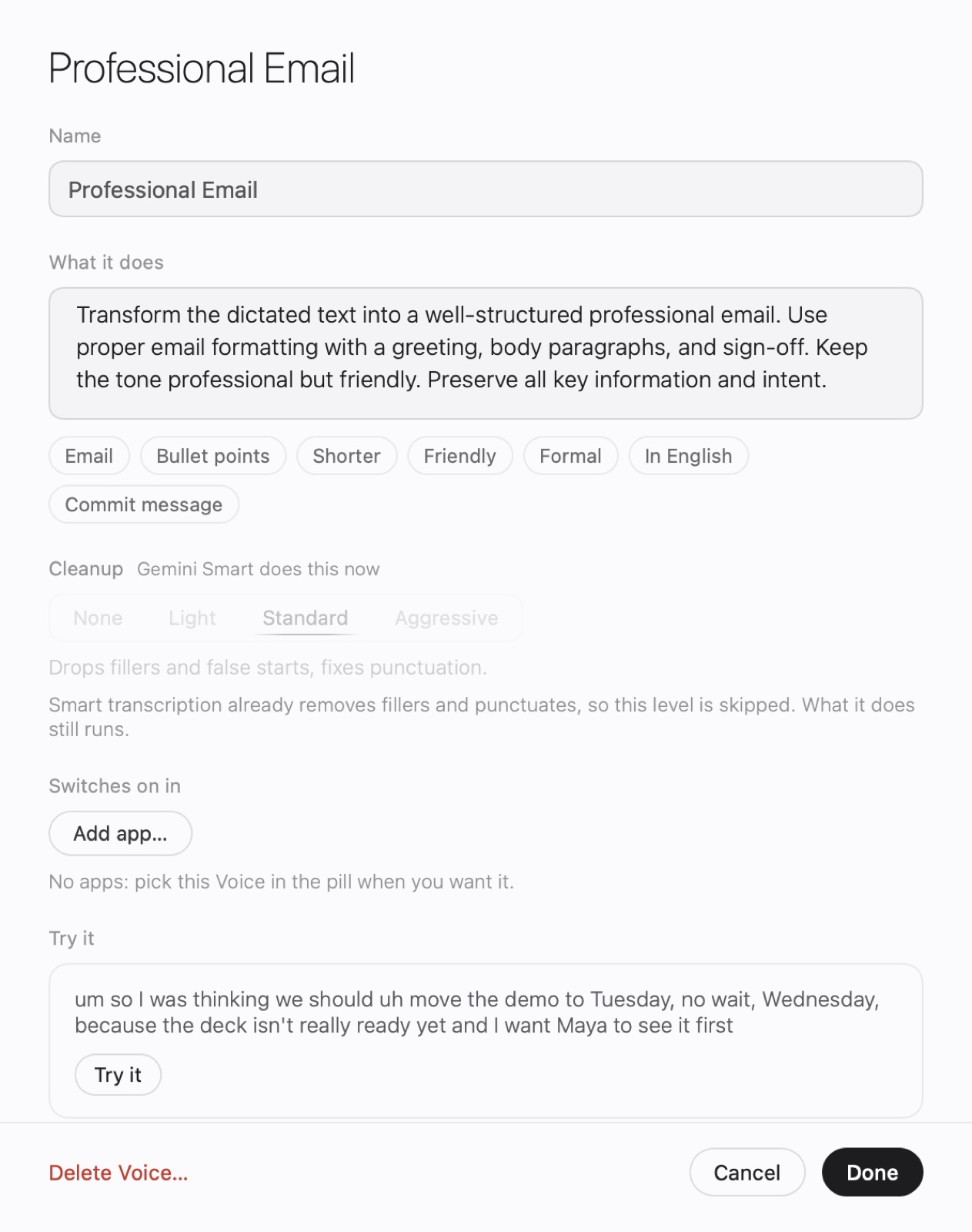 The Voice editor for Professional Email: what it does, cleanup level, the apps it switches on in, and Try it.