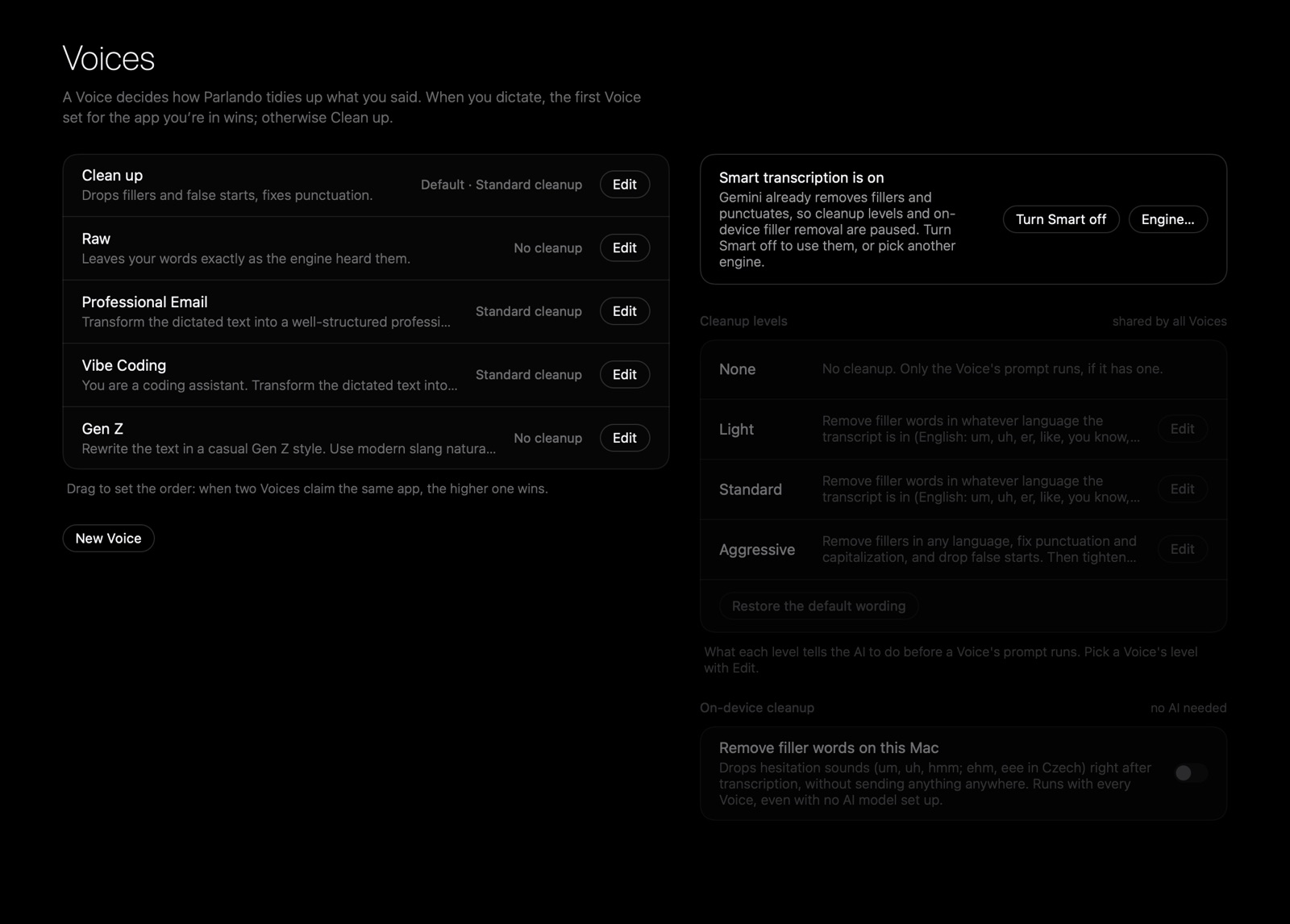 Settings, Voices: Clean up, Raw, Professional Email, Vibe Coding and Gen Z, with the shared cleanup levels beside them.